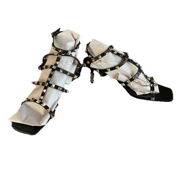 AZURA Ascend Black Studded Strappy Ankle Heels Square Open Toe Women's 9 Rave - Picture 2 of 9